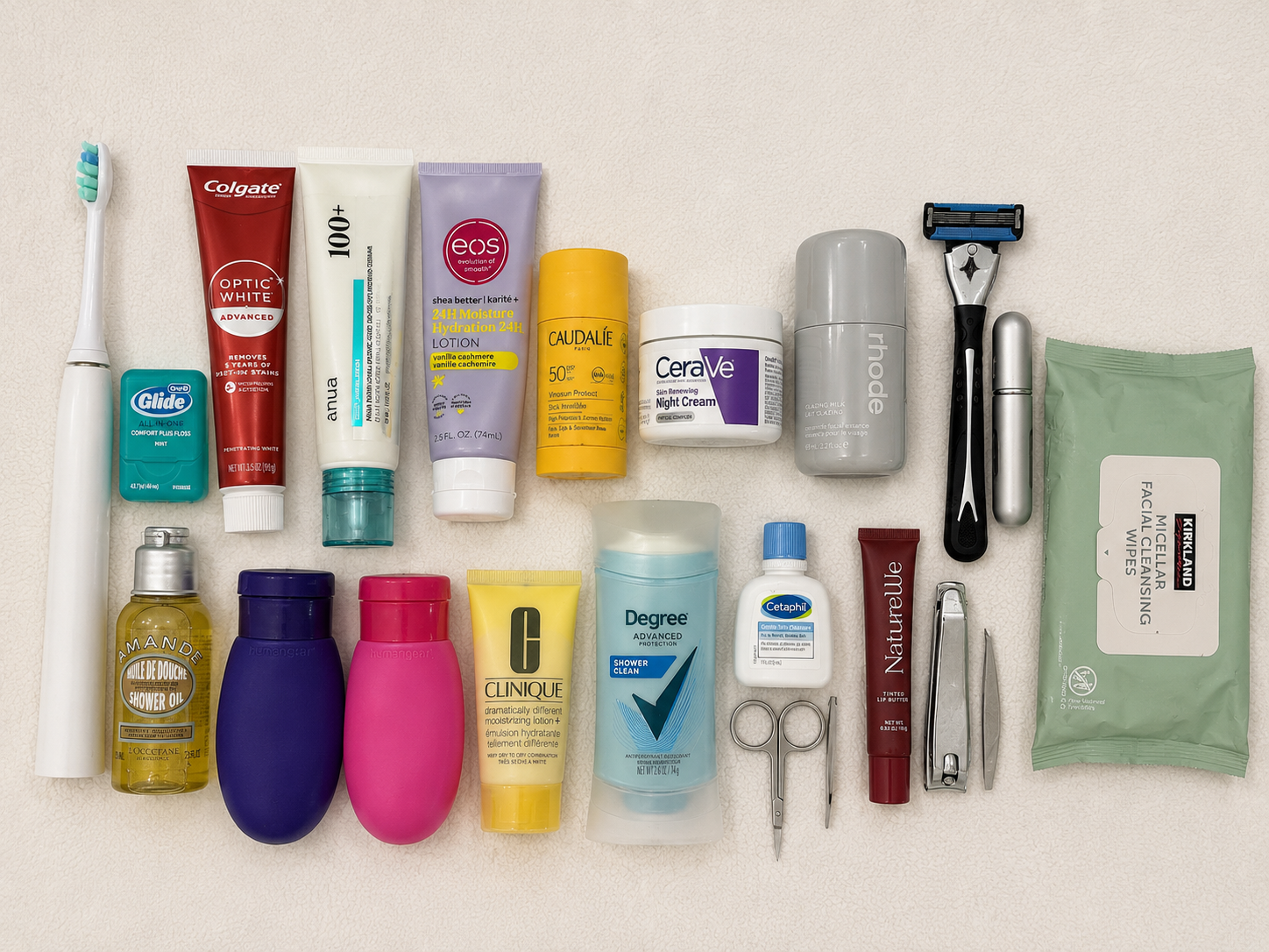 Full toiletries lineup packed for Iceland