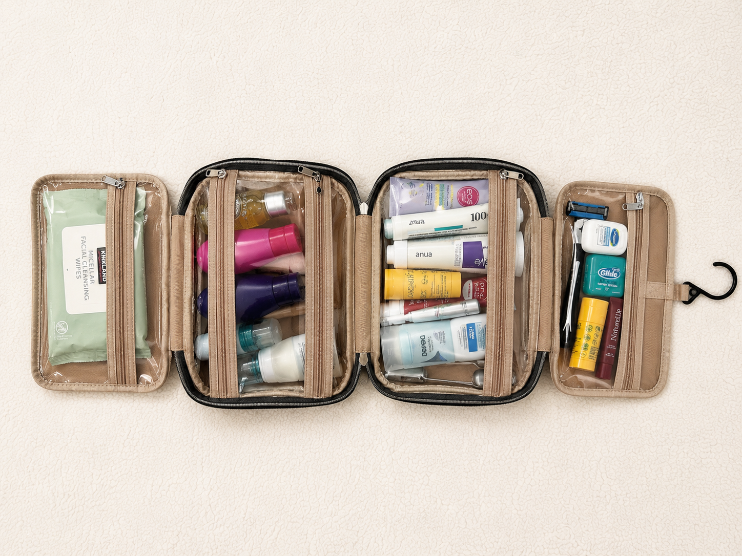 Toiletries organized in a hanging toiletry bag for Iceland