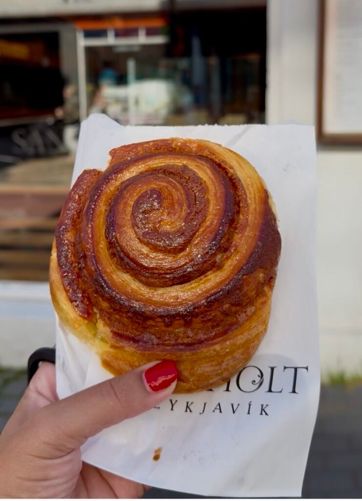 Flaky cinnamon bun from Sandholt bakery in Reykjavík